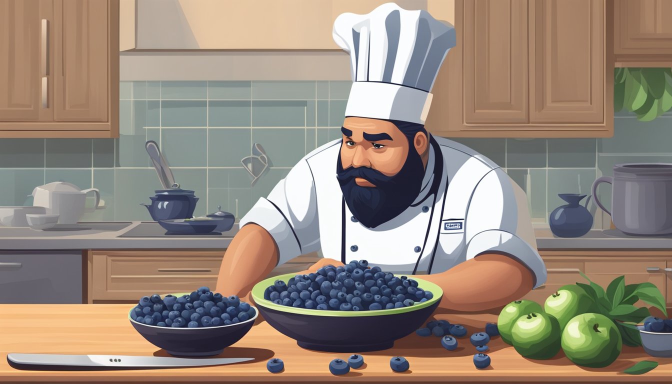 A bowl of unripe blueberries next to a chef's knife and cutting board, with a concerned expression on the chef's face