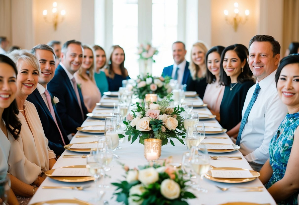 A table set with elegant place settings and floral centerpieces, surrounded by smiling guests