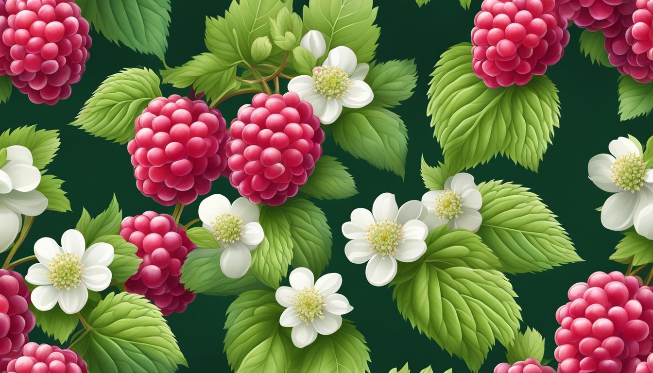 A vibrant raspberry bush with a mix of ripe and unripe berries, surrounded by lush green leaves and delicate white blossoms