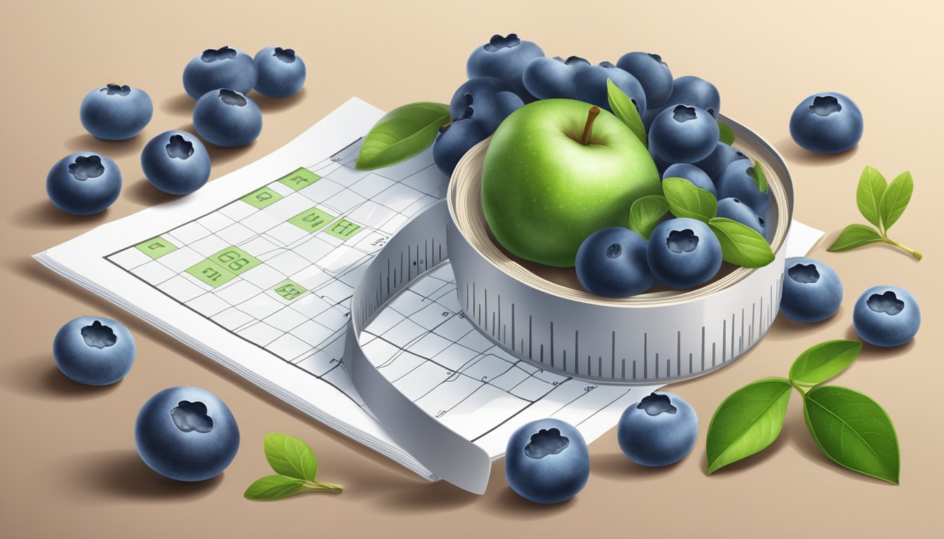 Unripe blueberries next to a measuring tape and a dietary chart