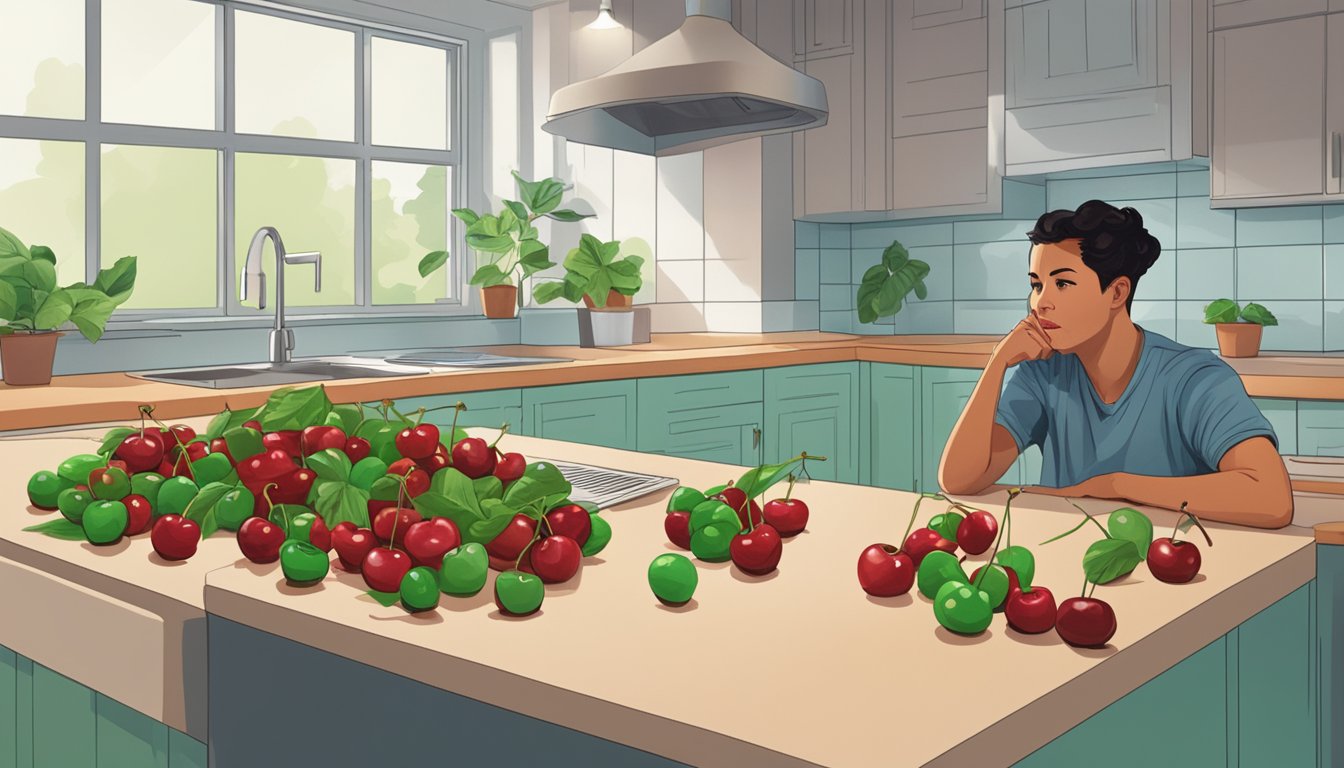 A pile of unripe cherries on a kitchen counter, with a concerned person looking at them