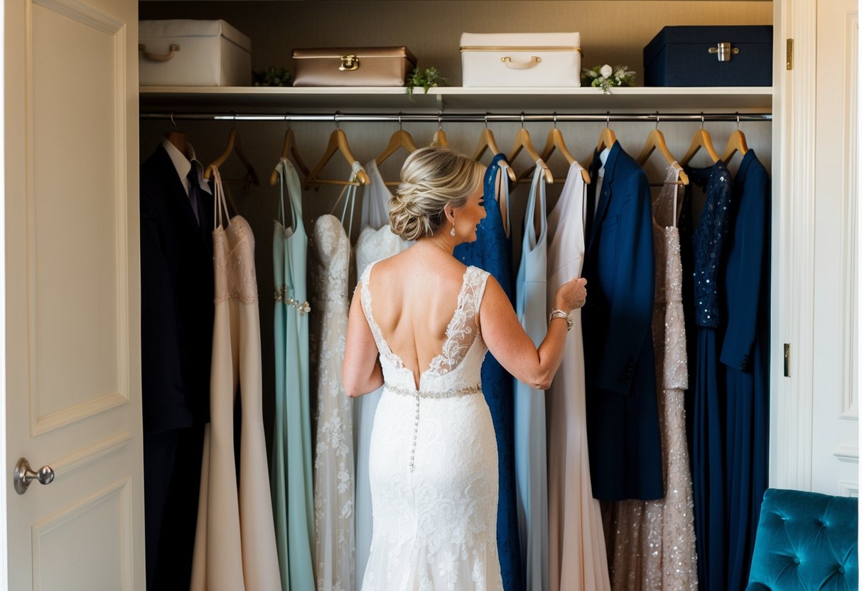 The mother of the bride stands in front of a closet filled with elegant dresses and suits, carefully selecting the perfect outfit for the rehearsal dinner