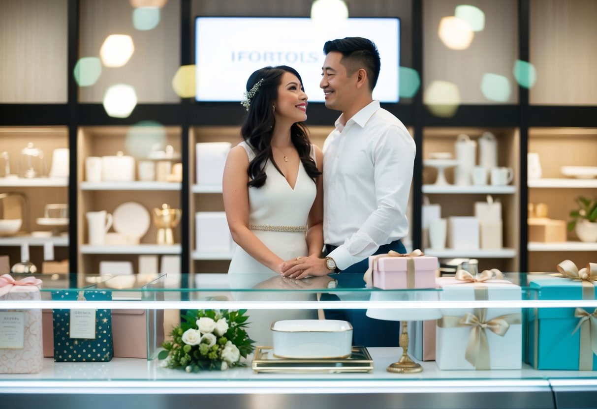A couple stands in front of a store display, contemplating items not on their wedding registry. Gifts in the background suggest a celebratory occasion