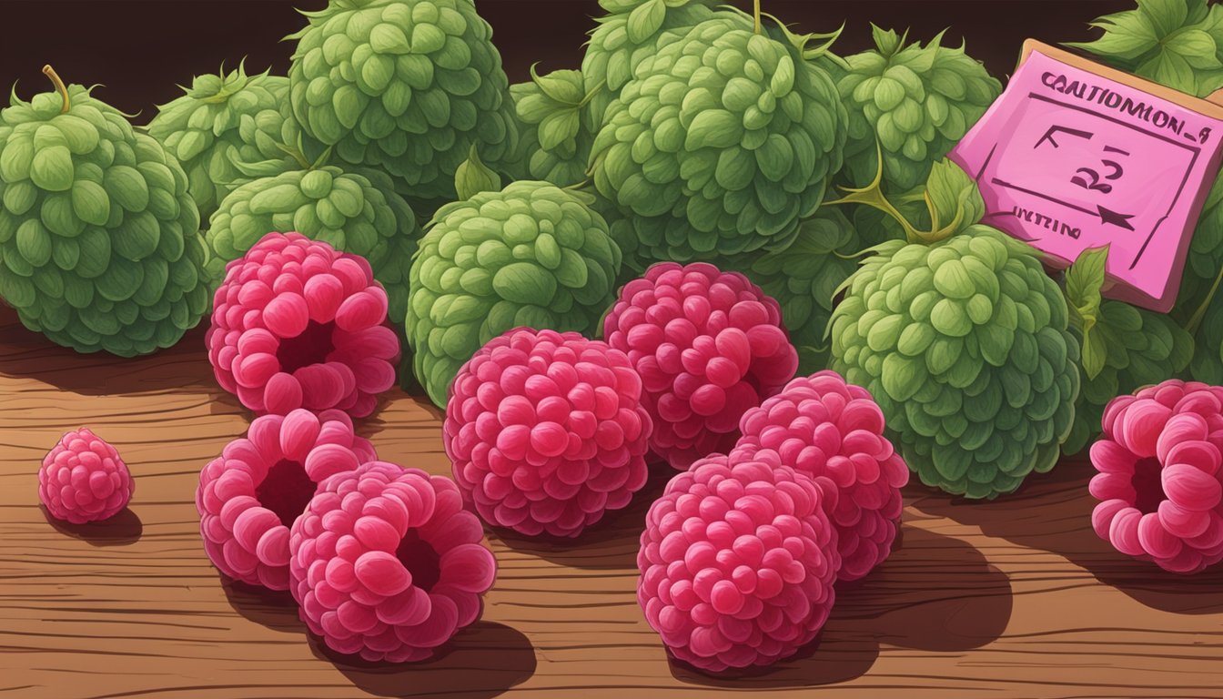 A pile of unripe raspberries, still mostly green with a few pink ones, sitting on a wooden table with a caution sign nearby