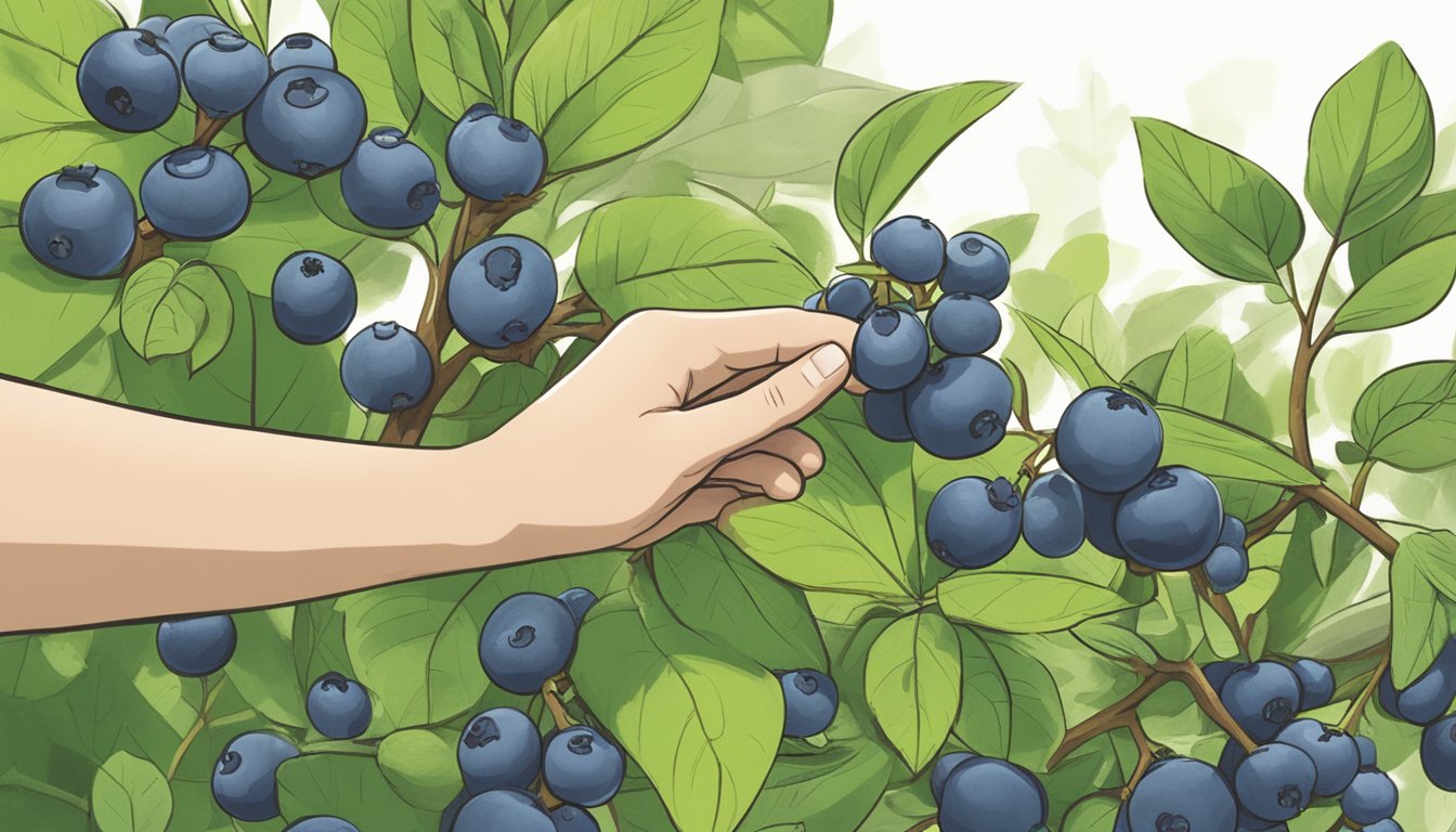 A hand reaching for unripe blueberries on a bush, with a sign nearby listing storage and safety tips