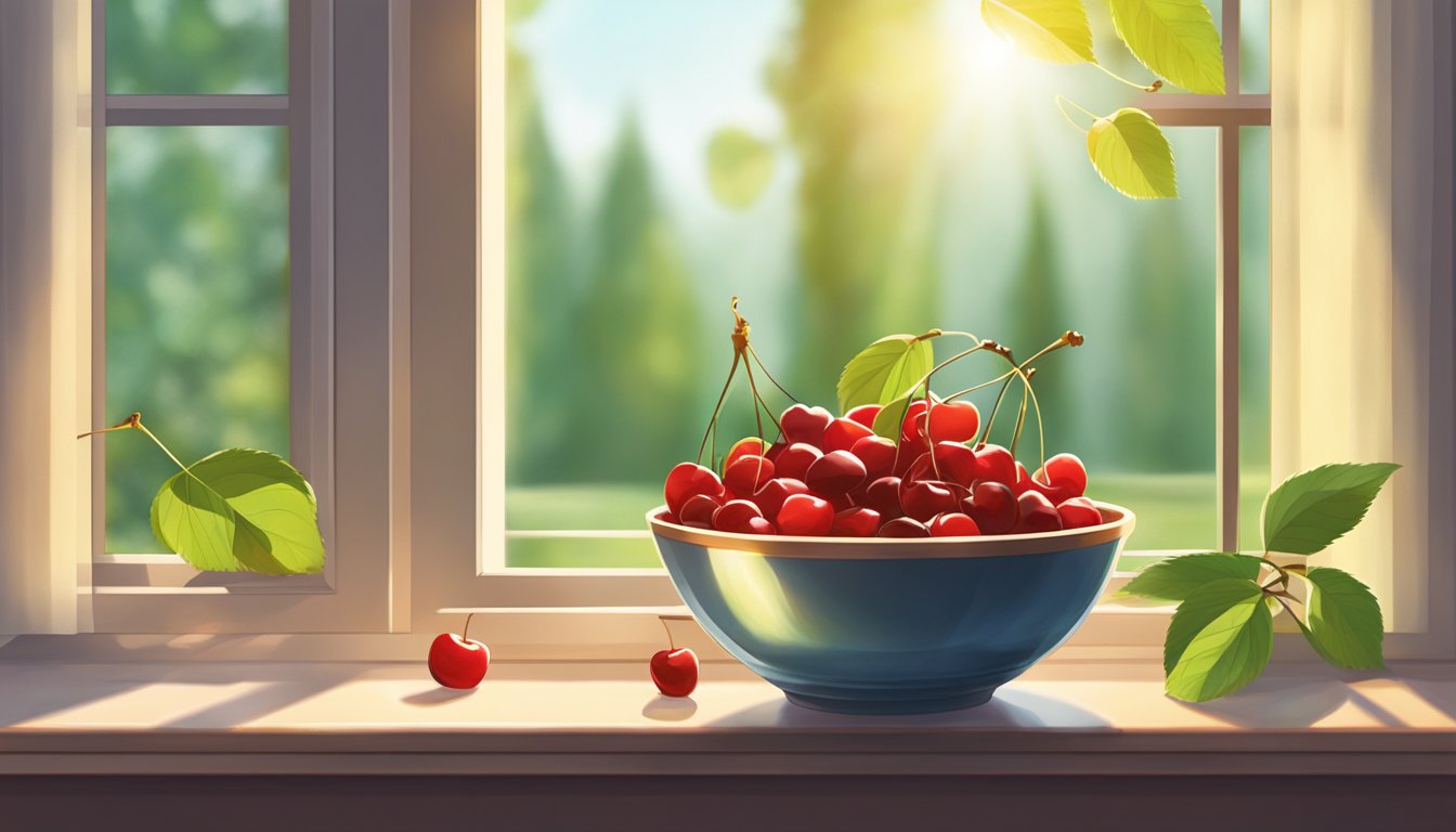 A bowl of unripe cherries sits next to a window, bathed in warm sunlight. A few ripe cherries are placed nearby, illustrating the process of ripening