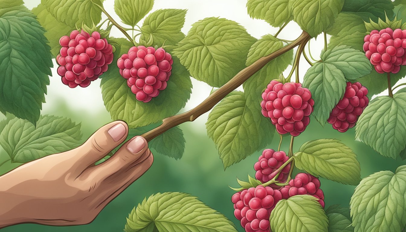 A hand picking ripe raspberries from a bush, with a few unripe berries still on the vine