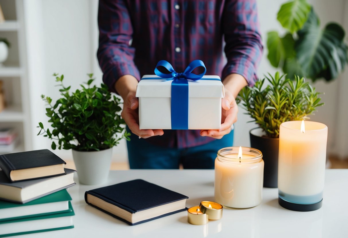 A person holding a gift, surrounded by various items like a book, a plant, and a candle, while contemplating whether to choose something off the registry