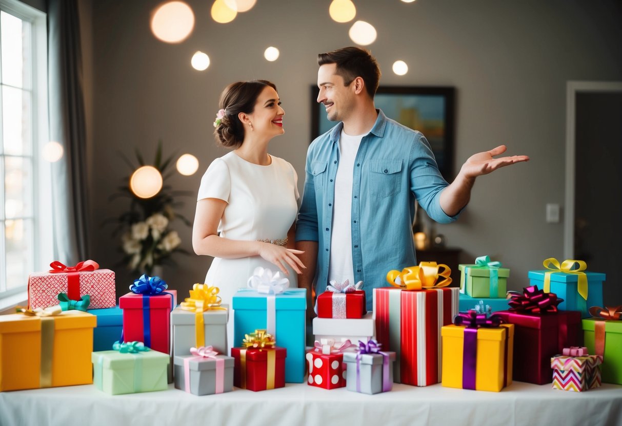 A couple gazes at a table filled with assorted gifts, while a friend gestures toward an unconventional item not on the registry