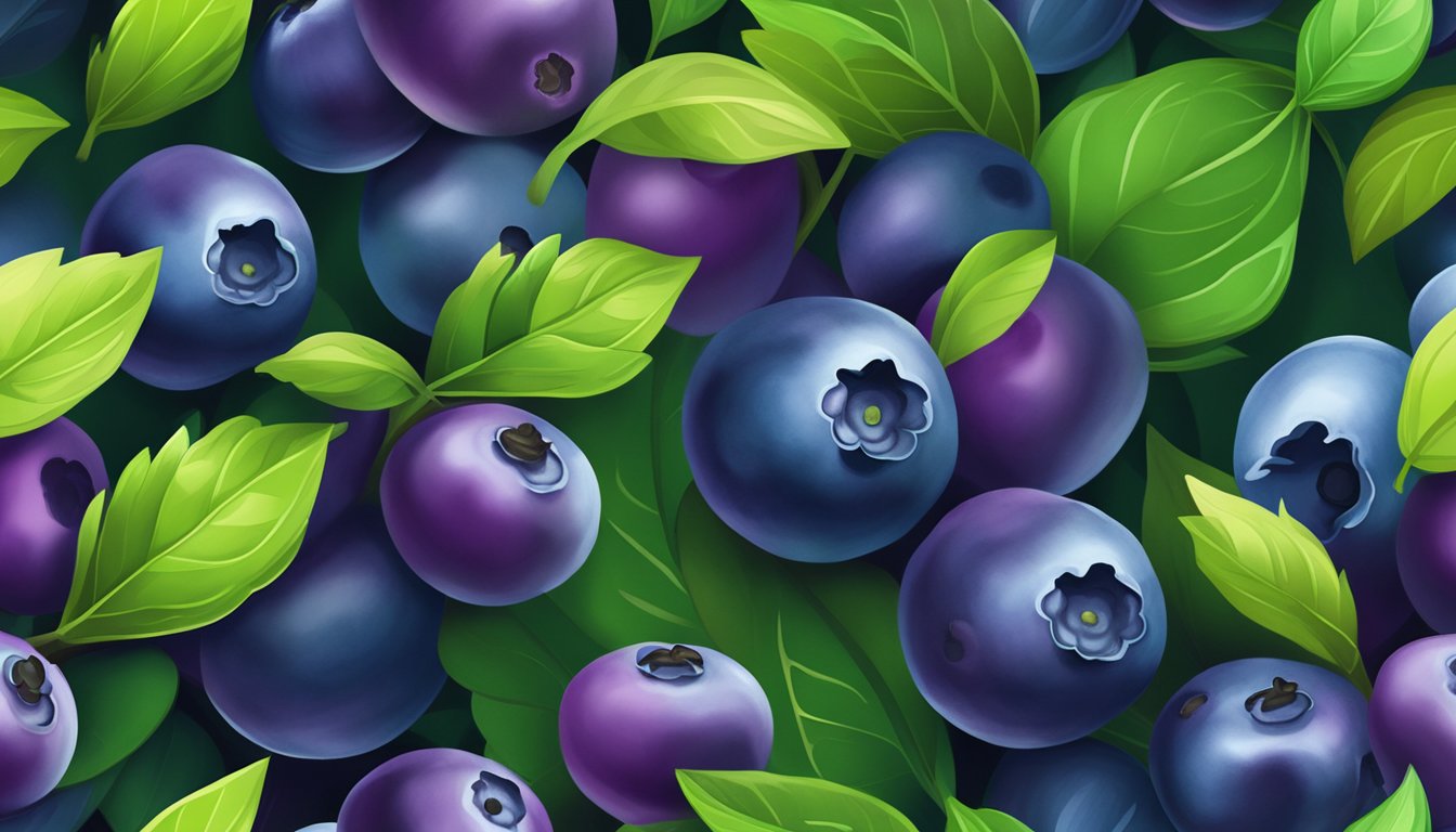 A pile of unripe blueberries in various shades of green and purple, surrounded by vibrant green leaves and stems