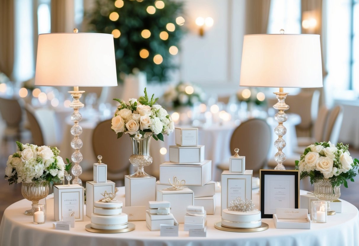 A lavish wedding registry with high-end items displayed on a table, surrounded by elegant decor and soft lighting