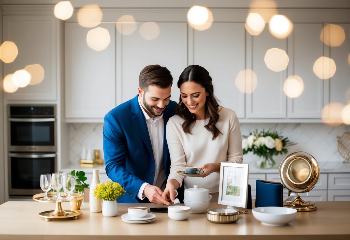 A couple carefully selecting a variety of items, including both practical and luxurious options, for their wedding registry