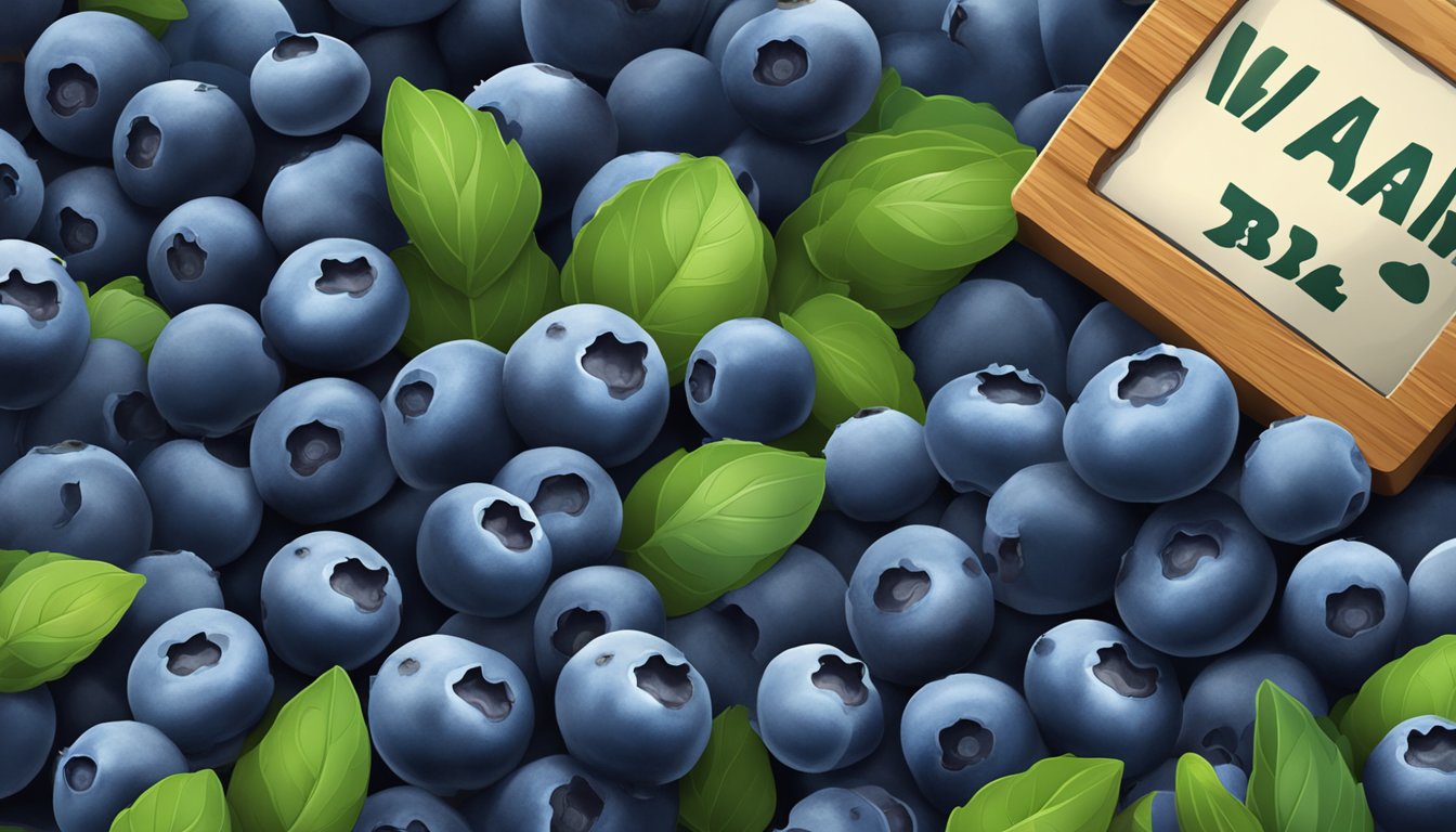 A pile of unripe blueberries with a warning sign next to them