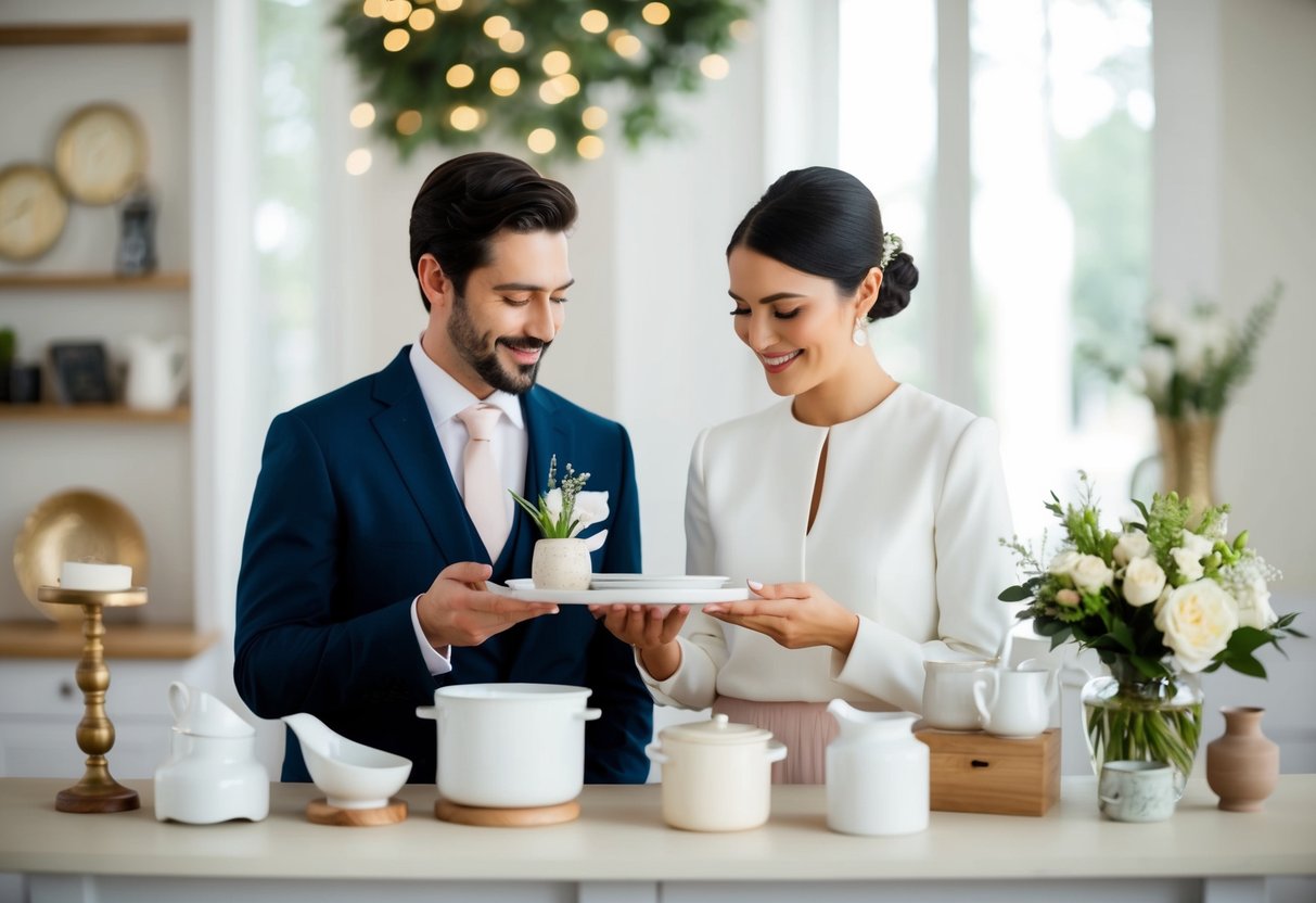 A couple carefully selects a mix of practical and luxurious items for their wedding registry, considering their guests' budgets