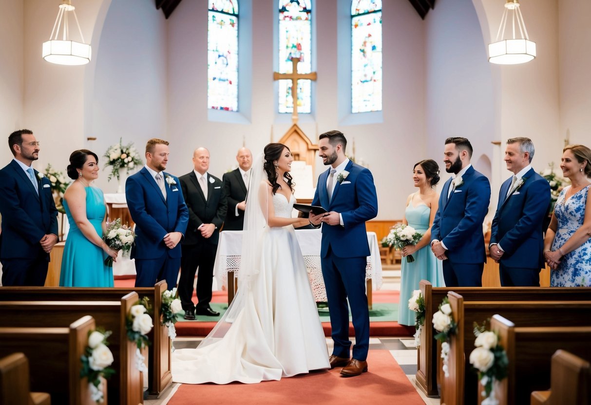 A bride and groom stand at the front of a church, surrounded by family and friends. The couple practices their vows and the wedding party rehearses their roles