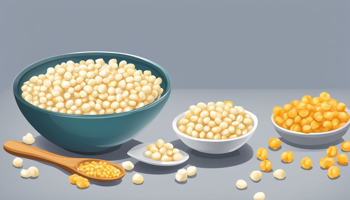 A bowl of cooked hominy surrounded by a few uncooked kernels, with a spoon nearby for serving