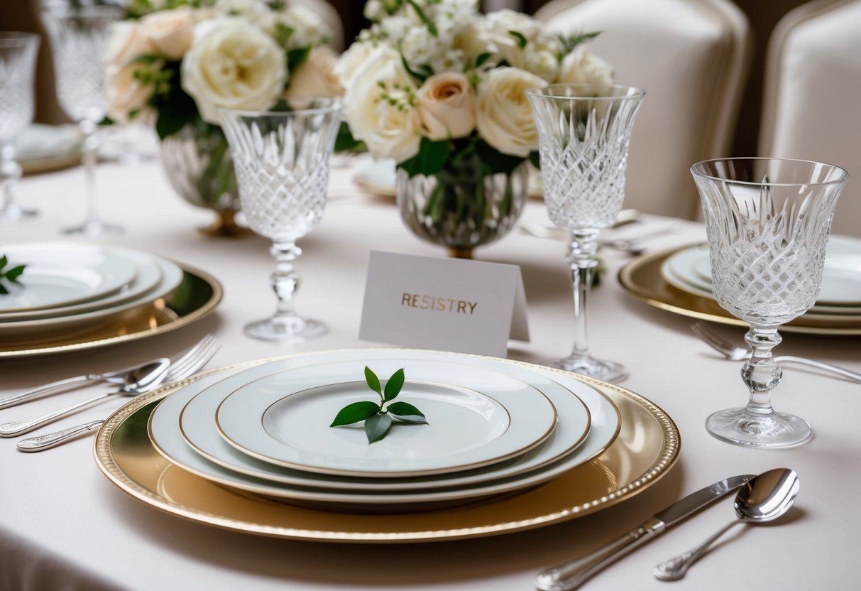 A beautifully set table with elegant, expensive dinnerware and crystal glassware. A registry card is discreetly placed next to the place settings