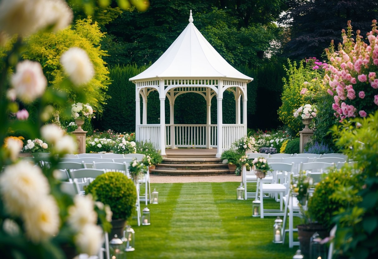 A picturesque garden with an elegant gazebo, surrounded by blooming flowers and lush greenery, set up for a wedding rehearsal in the UK
