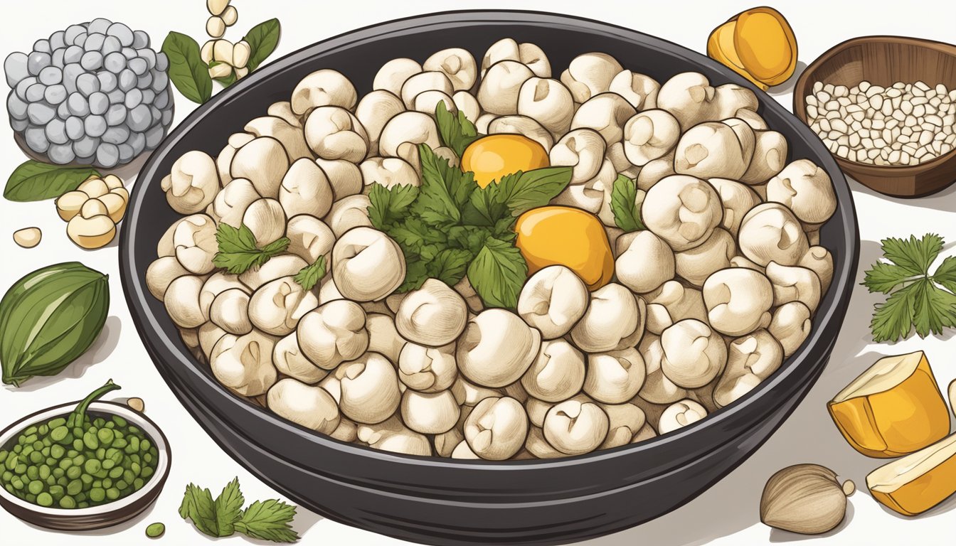 A bowl of cooked hominy surrounded by various ingredients and a nutrition label