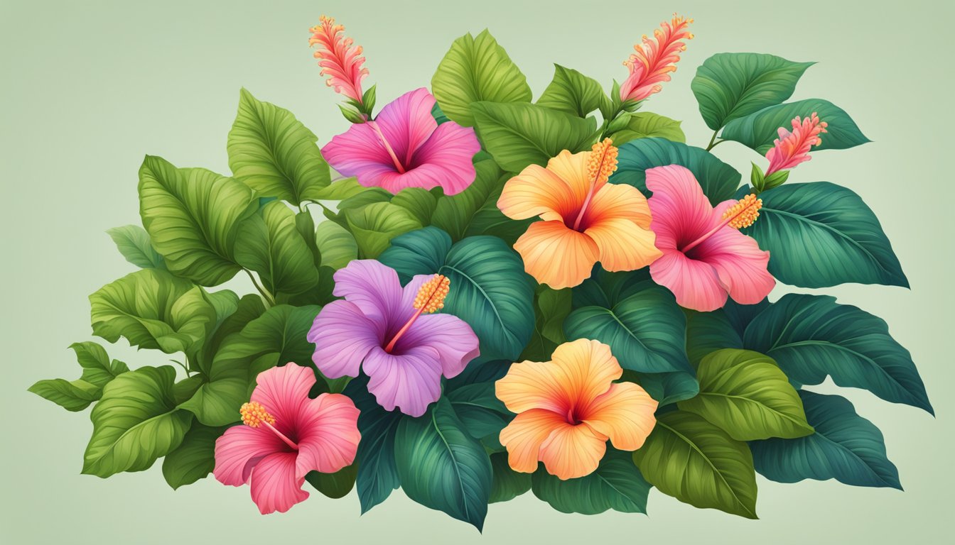 A vibrant hibiscus plant with large, colorful flowers, surrounded by lush green leaves