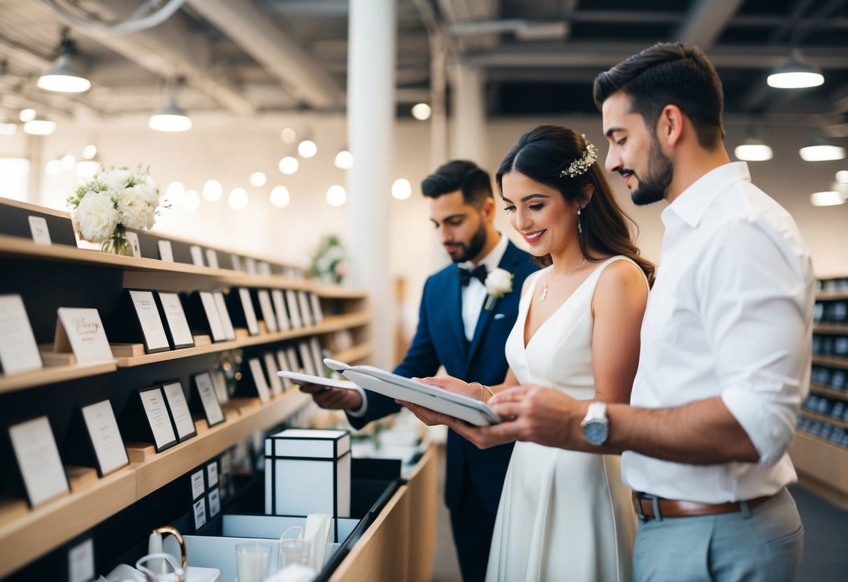 A couple browsing a wedding registry, considering whether to add expensive items