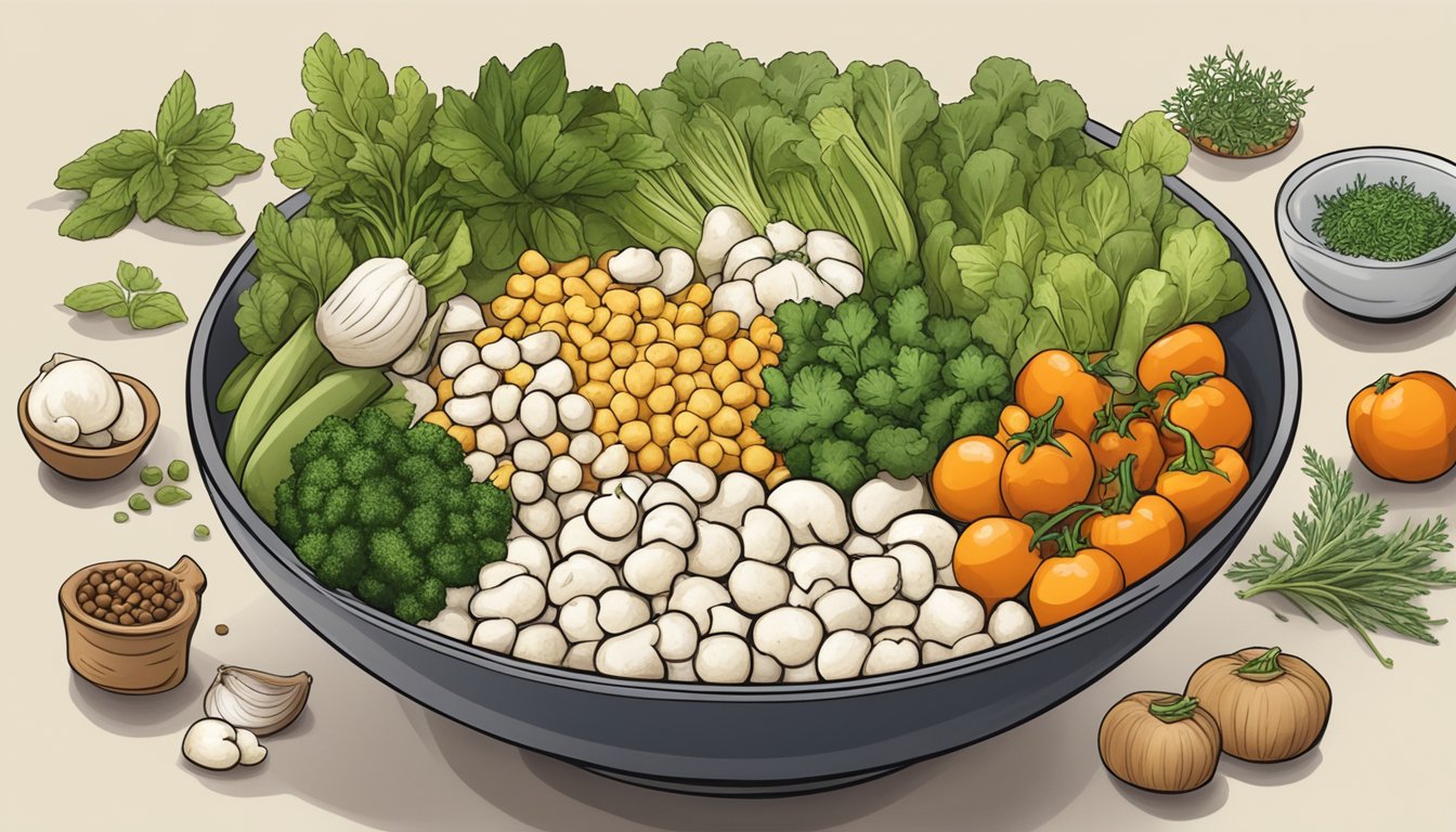 A bowl of cooked hominy surrounded by fresh vegetables and a variety of herbs and spices, with a label indicating its health benefits