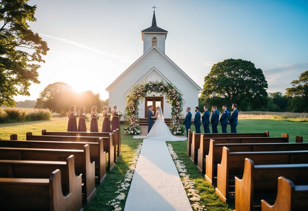 A country church with a floral arch and scattered pews. The setting sun casts a warm glow over the scene as the wedding party practices their procession