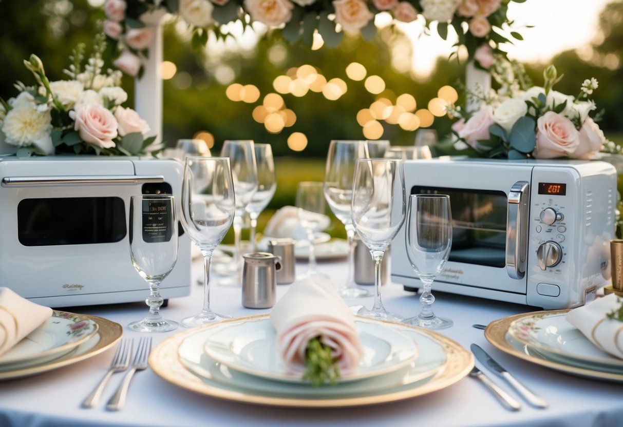 A table set with fine china, glassware, and kitchen appliances, surrounded by wedding decorations and floral arrangements