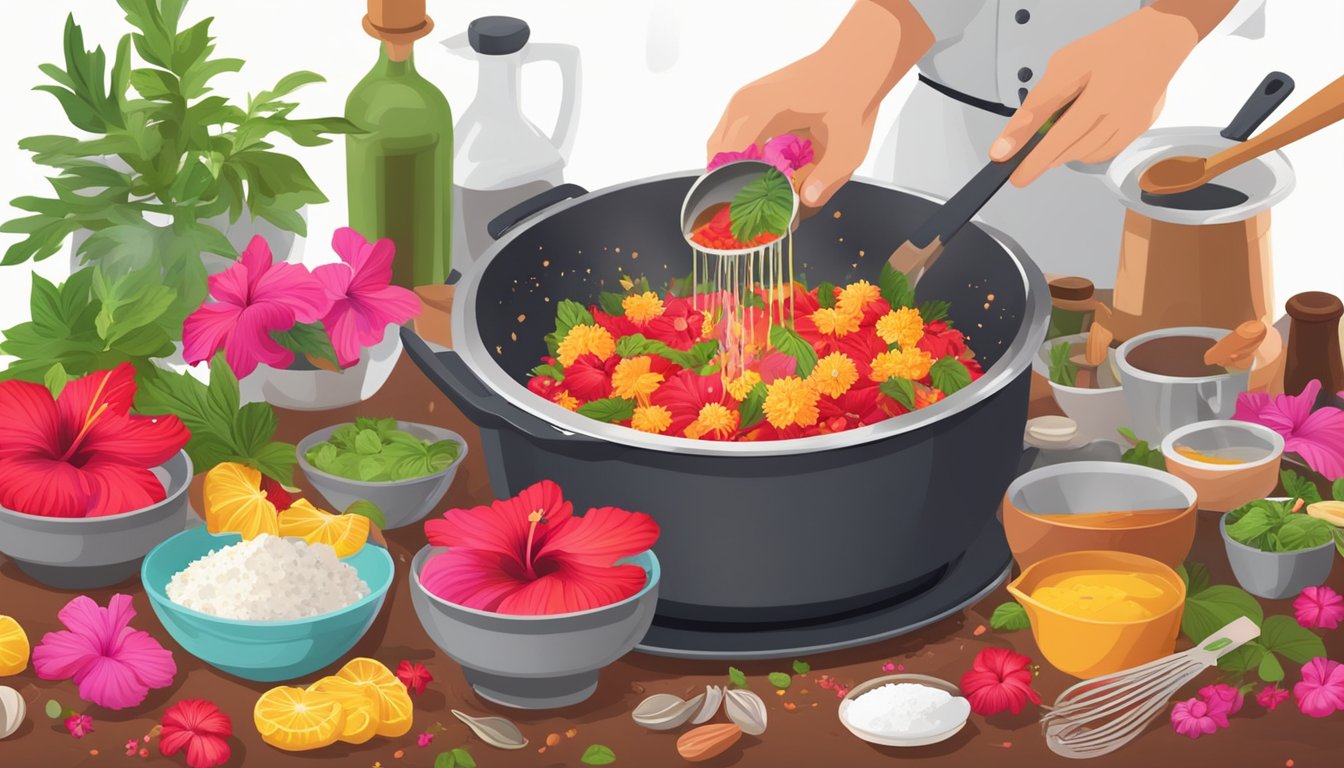 A chef sprinkles vibrant hibiscus flowers into a simmering pot, surrounded by a variety of fresh ingredients and cooking utensils