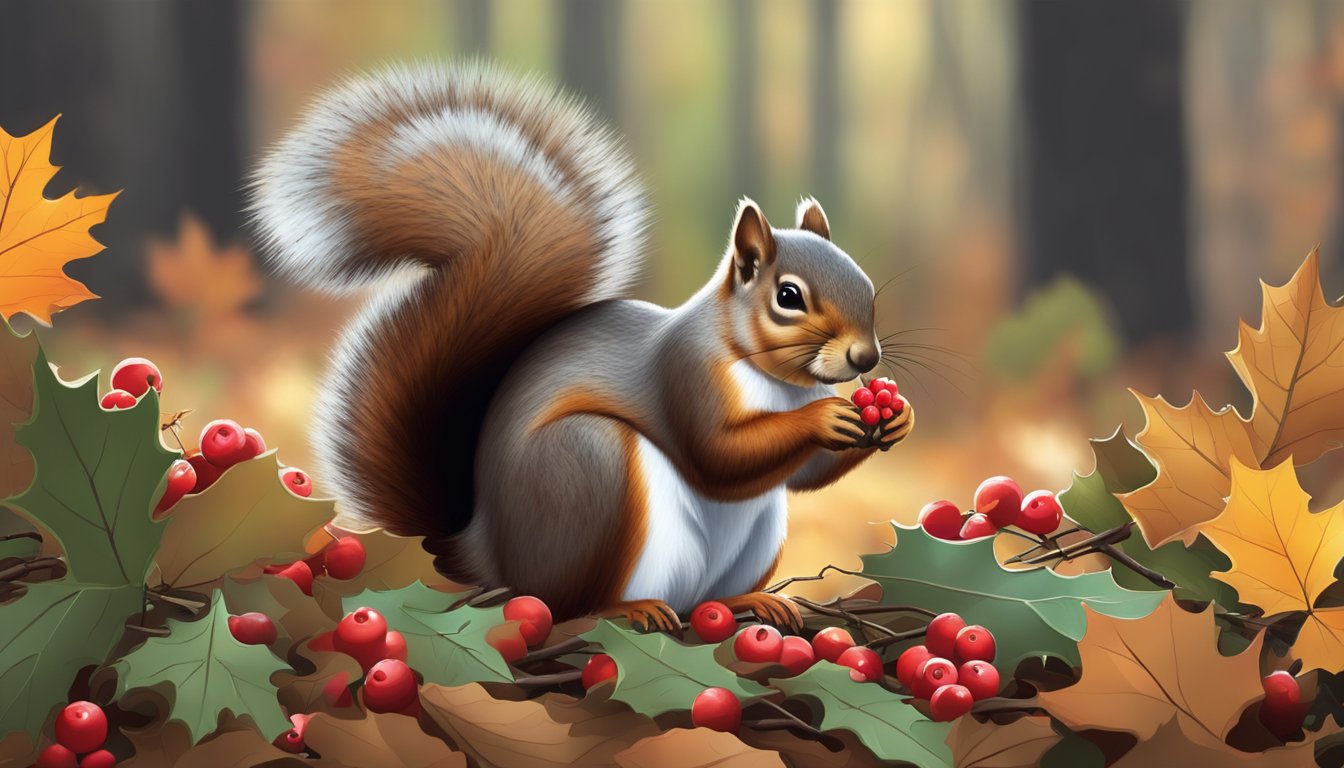 A squirrel nibbles on holly berries, surrounded by fallen leaves and twigs in a forest clearing