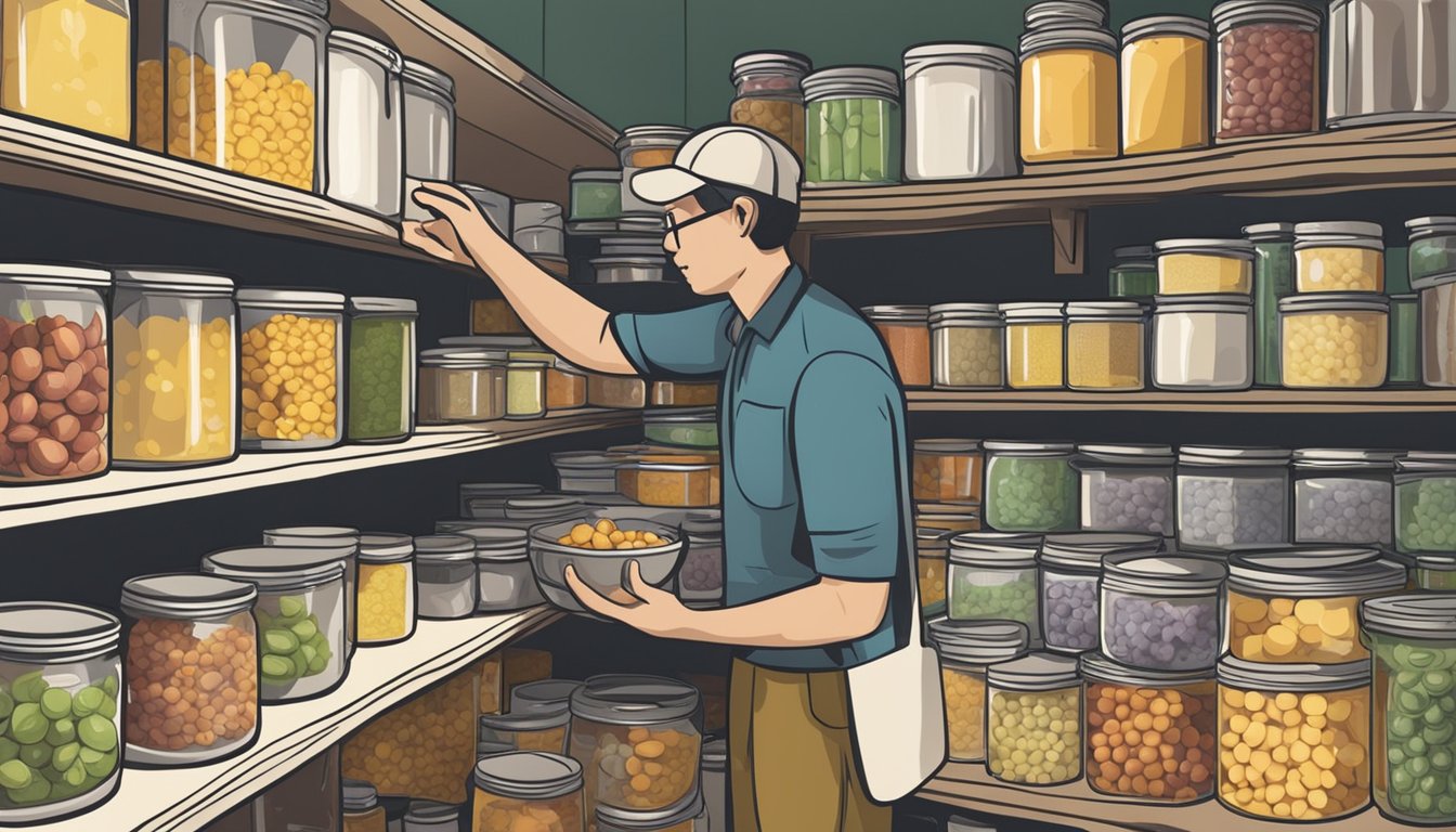 A person selecting and storing canned hominy in a pantry