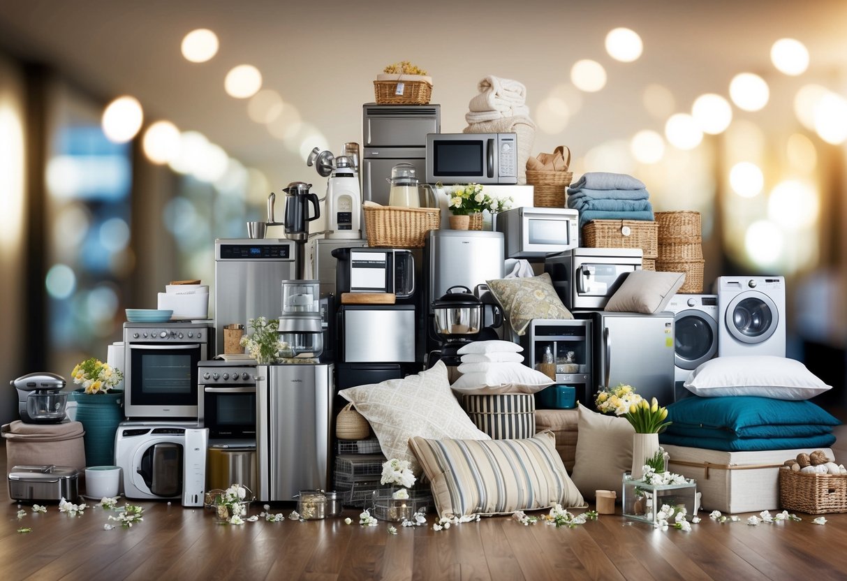 A crowded wedding registry overflowing with items, from kitchen appliances to luxurious bedding, stacked high and spilling onto the floor