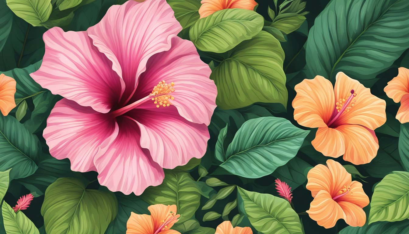 A vibrant hibiscus flower surrounded by lush green leaves, with a few petals scattered on the ground