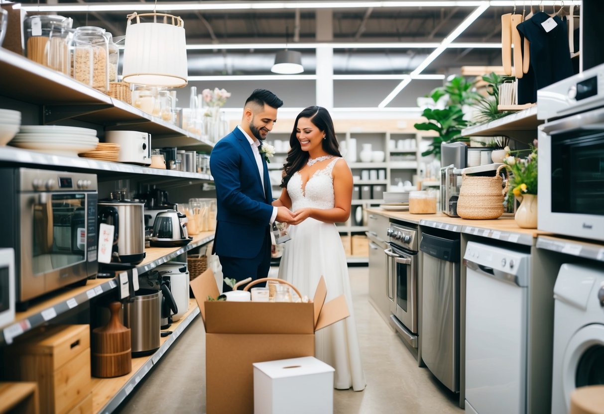 A couple carefully selecting items in a home goods store, surrounded by kitchenware, appliances, and decorative items for their wedding registry
