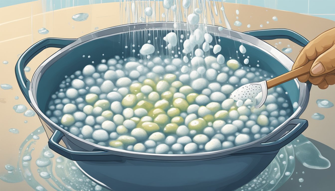 Hominy being rinsed in a colander under running water