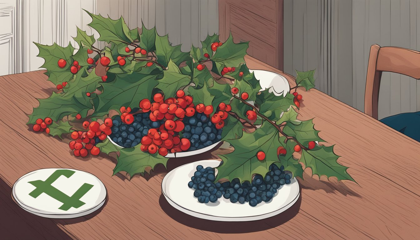 A person holding a holly branch, with a question mark above their head. A pile of berries on a table, with a red "X" over them