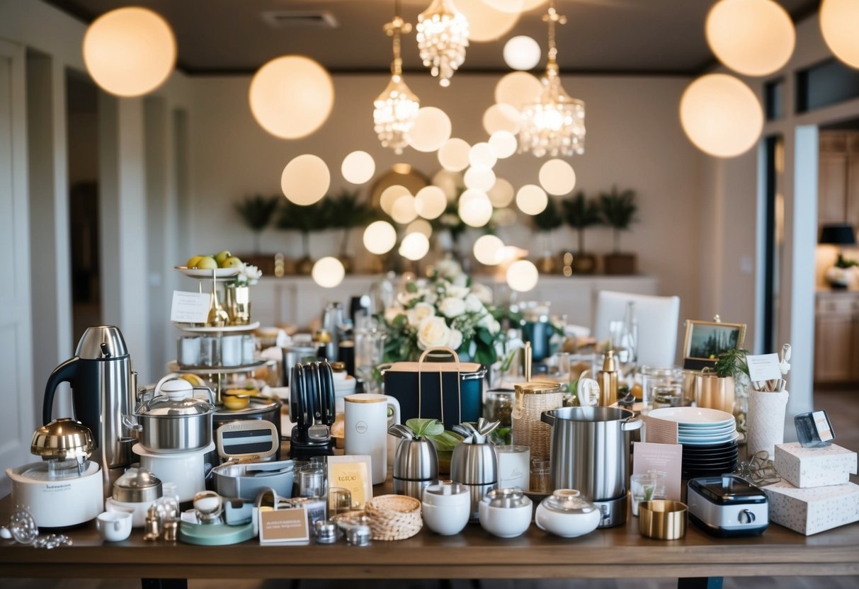 A table overflowing with wedding registry items, including kitchen gadgets, home decor, and luxury items, creating a sense of abundance and possibility