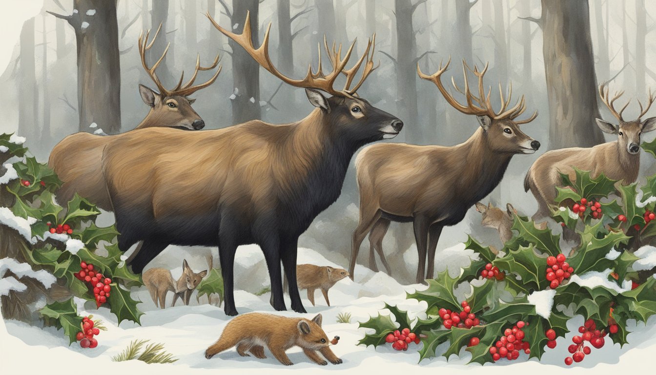 A group of animals cautiously sniffing and inspecting a cluster of holly berries in a forest clearing