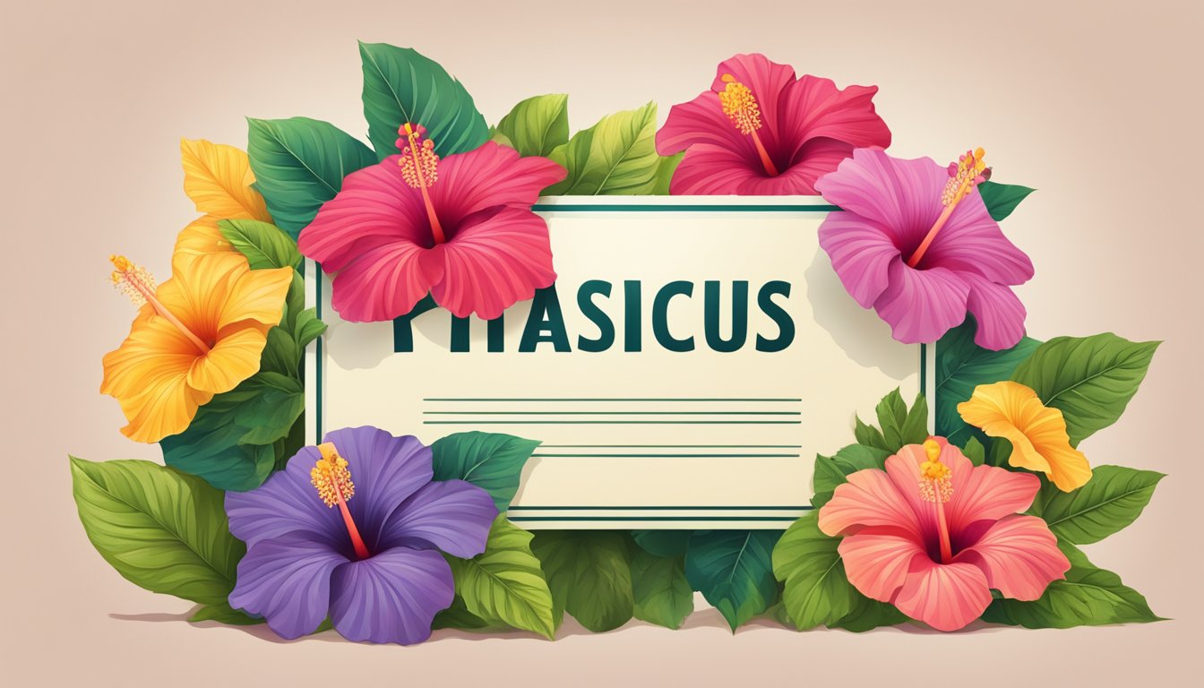 A colorful illustration of hibiscus flowers with a caution sign and a symbol representing specific health conditions