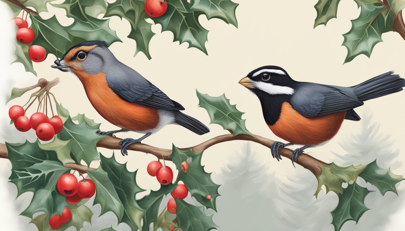 A red-breasted bird pecks at holly berries while a squirrel watches from a nearby tree