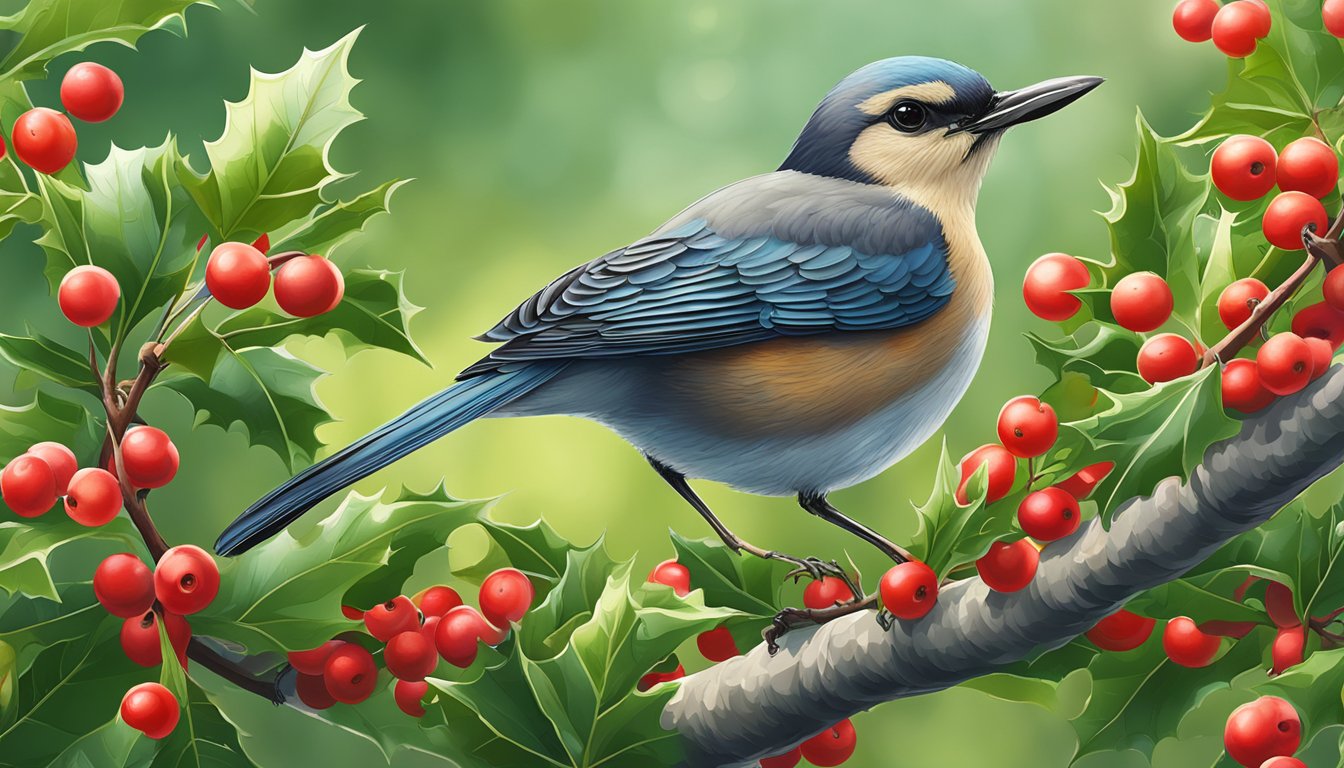 A curious bird pecks at bright red holly berries, surrounded by lush green leaves