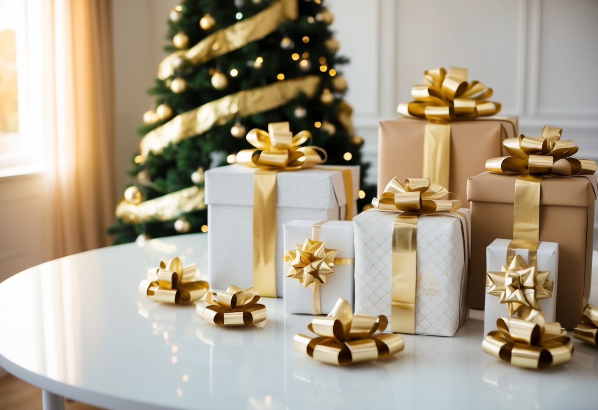 A table adorned with gifts, wrapped in elegant paper and adorned with bows, sits in a sunlit room