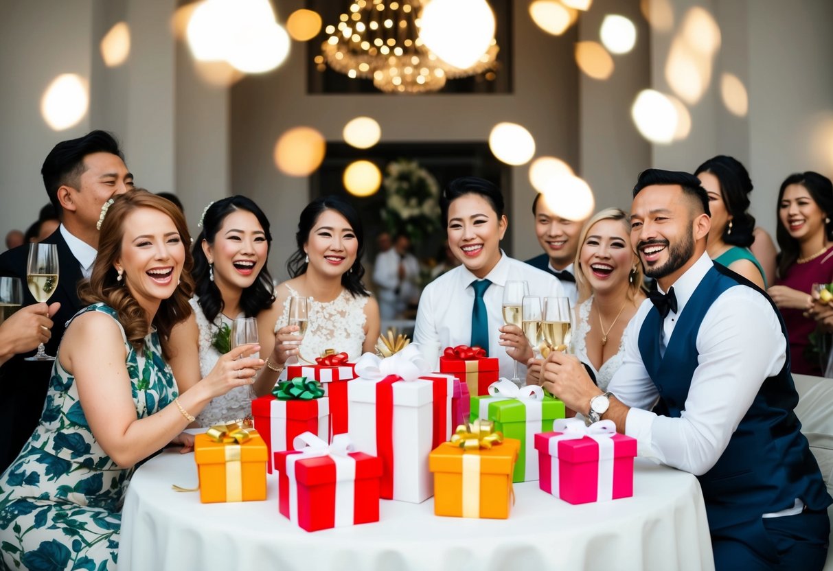 A table adorned with gifts, surrounded by happy couples celebrating without a traditional wedding ceremony