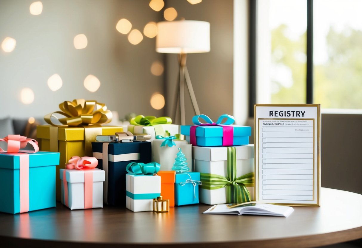A table with various household items and gifts, neatly organized with a registry list beside them