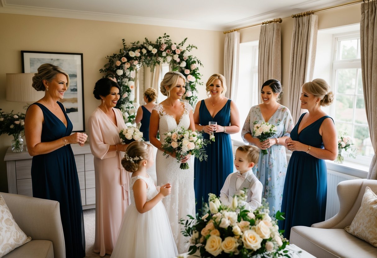 The mother of the groom gets ready with her close family and friends in a cozy, sunlit dressing room filled with flowers and elegant decor