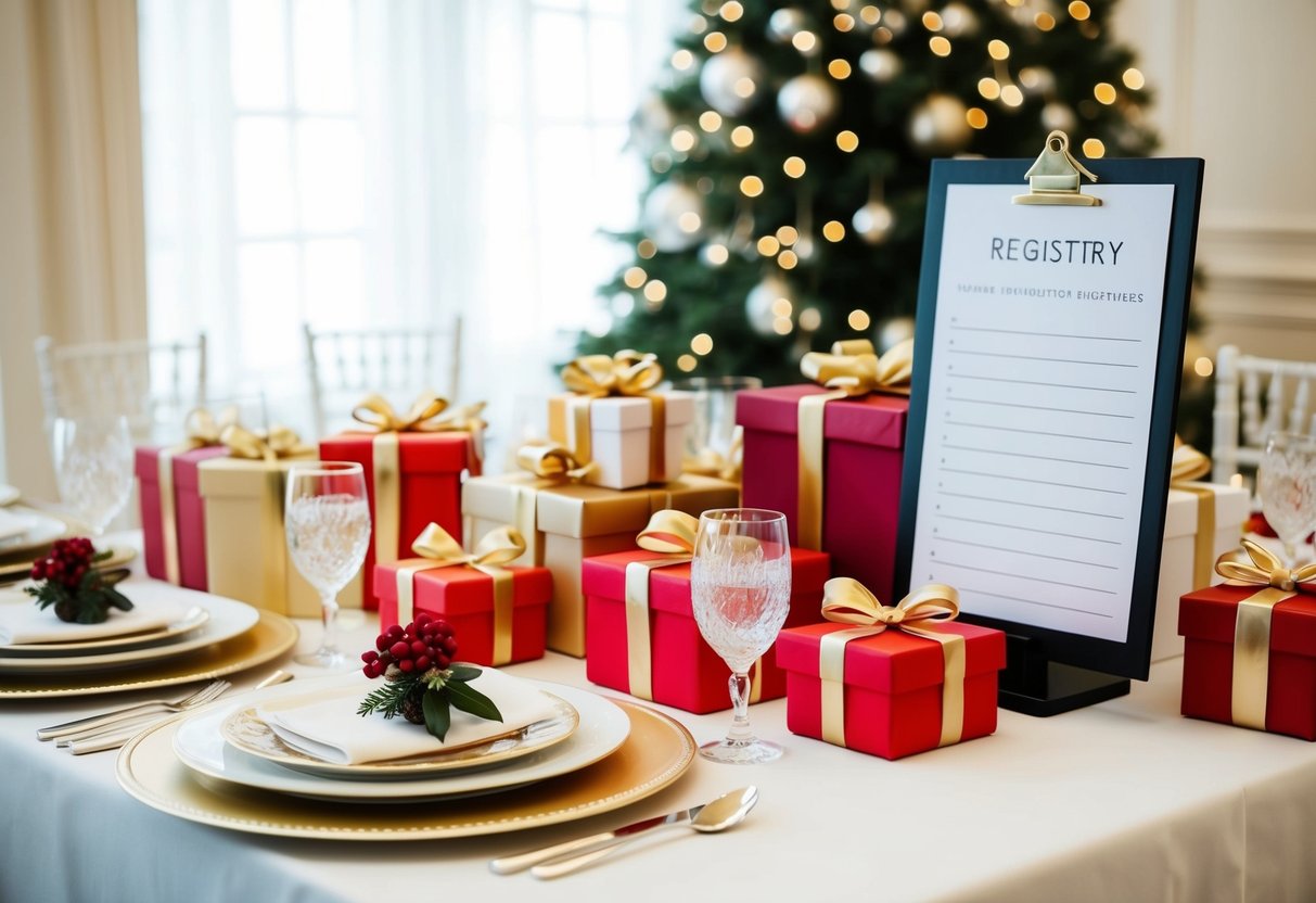 A beautifully decorated table with elegant place settings, surrounded by gifts and a registry list, hinting at a celebration