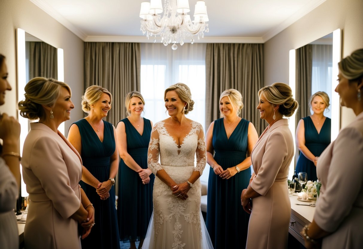 The mother of the groom gets ready with her close family and friends in a cozy and elegant dressing room, surrounded by mirrors and soft lighting