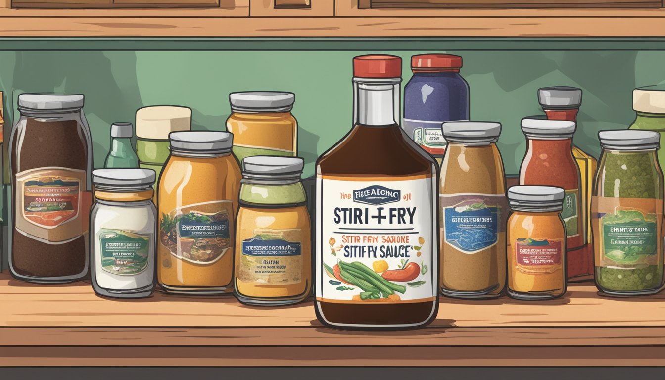 A bottle of expired stir fry sauce sits on a kitchen shelf, surrounded by various condiments and spices. The label shows a visible expiration date