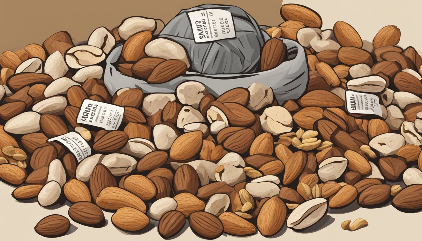 A pile of mixed nuts, some fresh and plump, others shriveled and discolored, sitting next to a "use by" date label