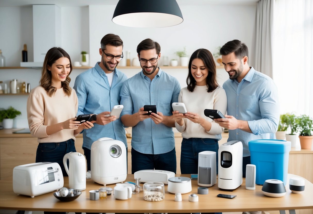 A table with various household items and appliances, surrounded by happy couples browsing and scanning items with a handheld scanner